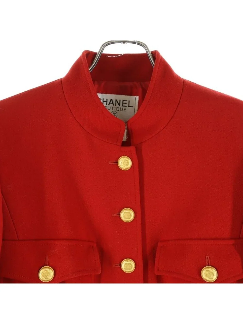 Chanel Vintage 4 Pocket CC Jacket Stand Collar CC Logo Gold Button Red